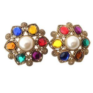 vtg 80s Faux Pearl Multi color stones clip on earrings